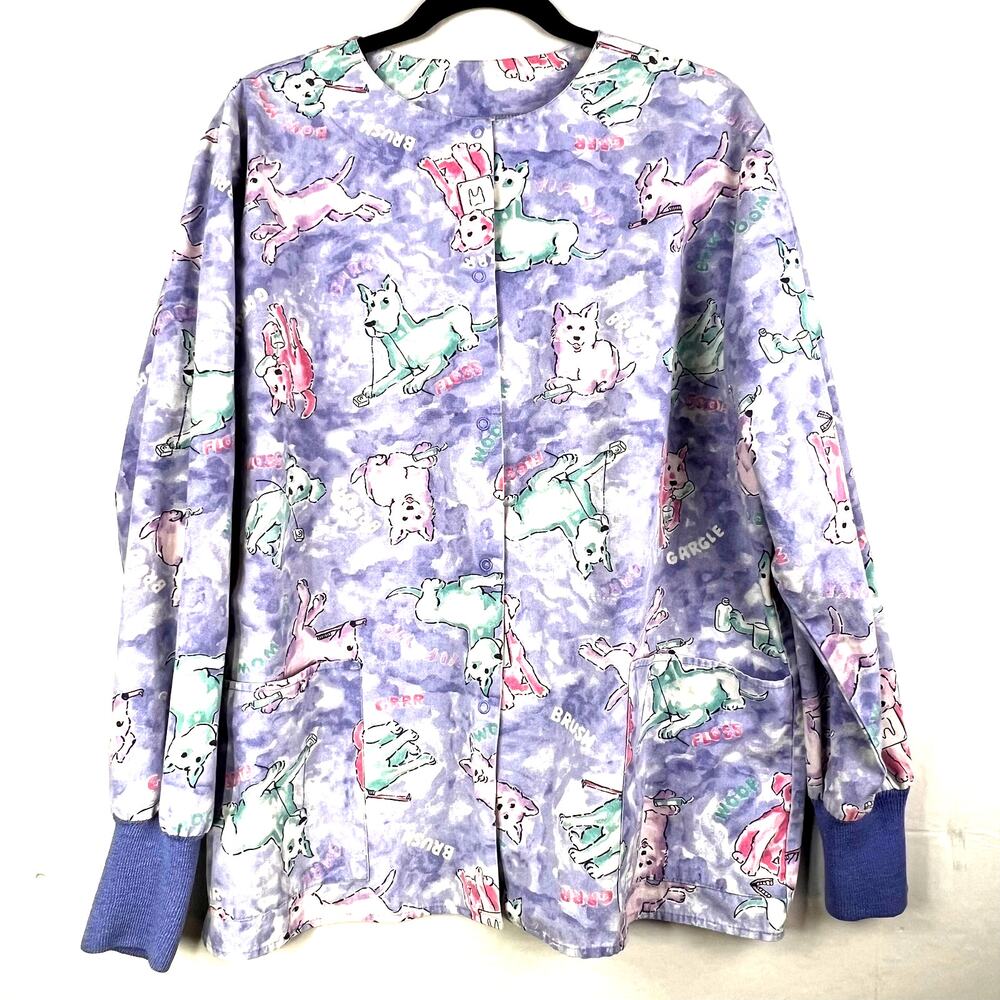 PAC Scrub Top Womens Large-Long Sleeve Dogs Dentist Hygienist Dental Snap Front